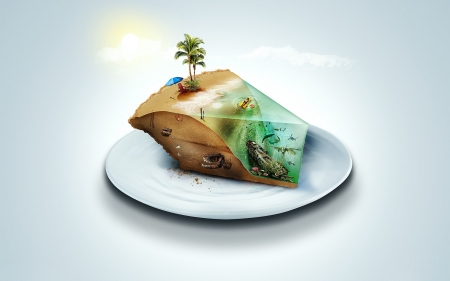 Slice of an island cake - vara, summer, funny, fantasy, creative, cake, umbrella, island, tree, slice