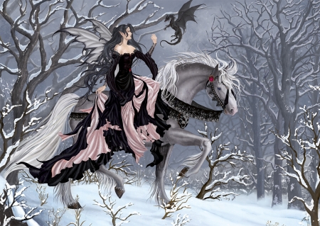 Fairy and dragon - horse, winter, black, iarna, girl, wings, white, nene thomas, fantasy, dragon, fairy, snow