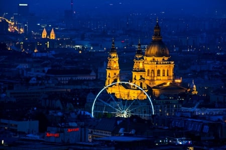 Night Travel - building, blue, city, night, wheel