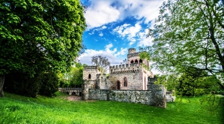 Old Castle - blue, green, old, grass, forest, castle, sky