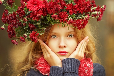 Beauty - woman, face, girl, red, wreath, model, flower