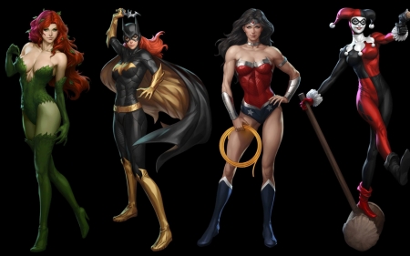 Poison Ivy, Bagirl, Wonder Woman and Harley Quinn - wonder woman, batgirl, girl, black, fantasy, poison ivy, luminos, comics, harley quinn