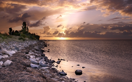 Sunset At The Beach - nature, sky, ocean, beach, clouds, sunset, sea