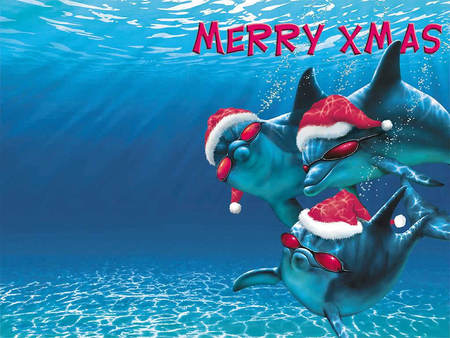 MERRY X-MAS - water, dolphins, holiday, goggles, santa hats, christmas