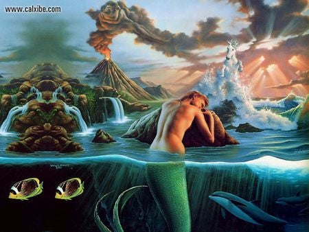 Dreams - abstract, mermaids, volcanoes, fantasy, 3d