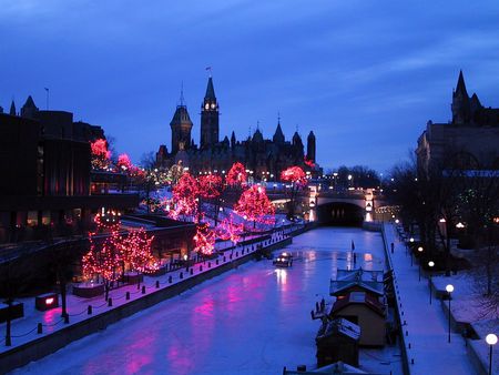 Winter in Town - abstract, blue, river, architecture, winter, fantasy, lights, christmas