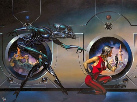 Alien Visitor - space, creature, helmet, planet, boris vallejo