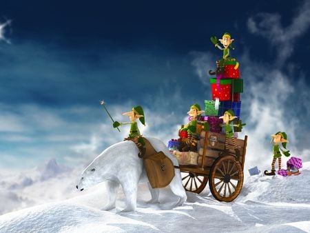 Gifts for Christmas - gifts, winter, elves, polar bear, cart, presents, christmas, snow