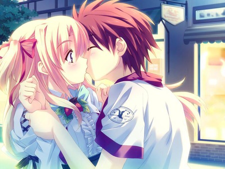 Anime Kiss - school uniform, boy, anime, girl, kiss