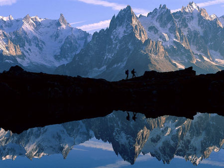 Majestic Alps - lake, mountaineers, reflection, alps, mountains, switzerland