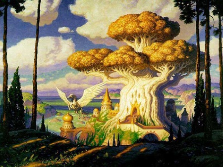 Fantasy 10jpg - sky, fantasy, peagus, trees