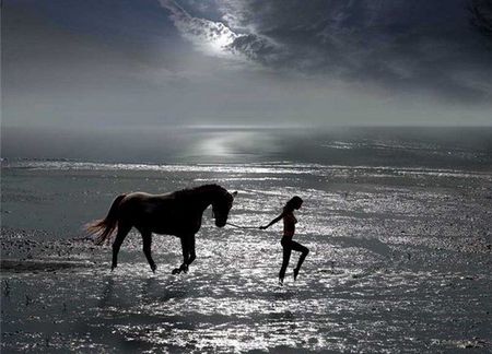 A Beautiful Moment - pretty, summer, female, she, romantic, romance, night, beauty, love, horse, horses, lady, nature, sunset, animals, beach, splendor, surf, view, sky, clouds, moon, water, beautiful, sea, girl, lovely, sweet, ocean, moonlight, woman, waves, peaceful