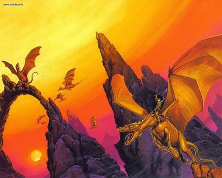 Moreta - abstract, michael whelan, fantasy, sunset, dragons, orange, rocks