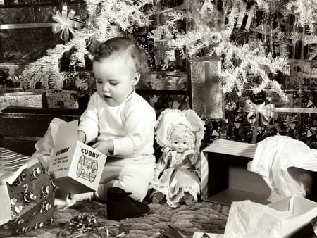 Christmas Morning - child, doll, christmas, presents