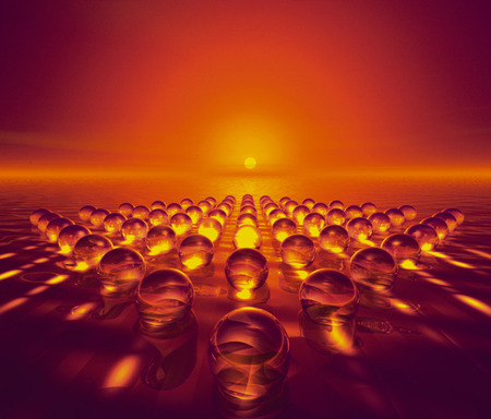 Spheres into the Sunset - globes, orange, sunset, sun, spheres