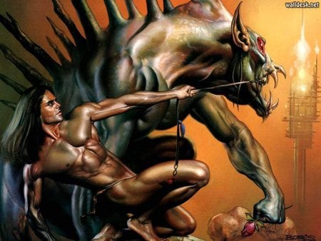 Captured Creature - creature, toarch, fire, boris vallejo, flame, barbarian, man