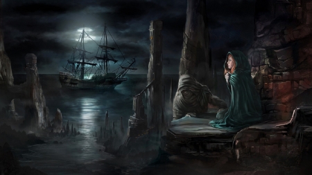 Ghost Night - moon, girl, monster, night, fantasy, ship, art, dark, beautiful, digital