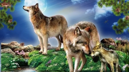 Wolves in the Wild - wolves, moon, sky, trees, family, flowers, firefox persona theme