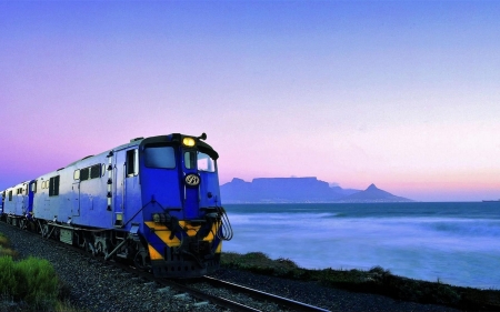 Train at Table Mountain - train, nature, sea, mountain, sky