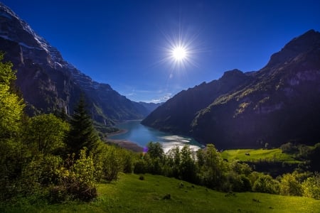 Lake Klontal,Switzerland - klontal, trees, nature, lake, forest, mountains, sun