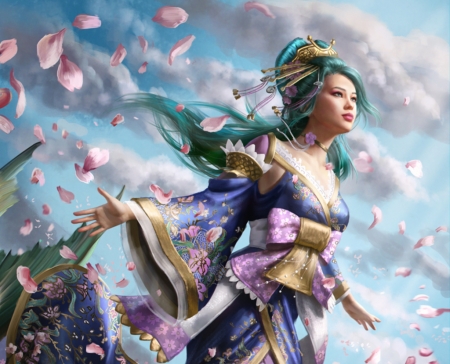 Tobiuohime - blue, blossom, girl, anotherwanderer, spring, petals, pink, frumusete, fantasy, wind, cloud, tobiuohime, luminos