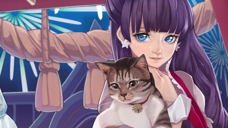 Girl with cat - girl, cat, pisica, purple, luminos, blue, anime, dong xiao, manga