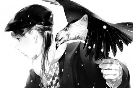 Girl with hawk - bird, anime, girl, sawasawa, black, manga, white, hawk, bw, monochrome