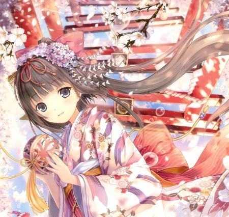 Girl - manga, anime, girl, kimono, pink