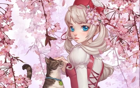 Girl with cat - girl, cat, pisica, spring, anime, blossom, flower, dong xiao, manga