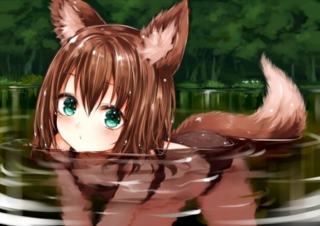 Fox girl - anime, water, summer, fox, girl, sukemyon, manga, green, vara