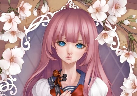 Girl - girl, pink, anime, violin, flower, dong xiao, manga