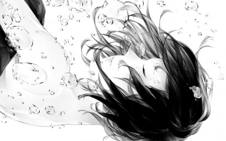 Falling - summer, falling, black, monochrome, bw, anime, girl, manga, white, sawasawa, vara, underwater