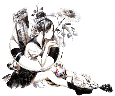 Summer - anime, summer, girl, sawasawa, flower, black, manga, white, monochrome, vara