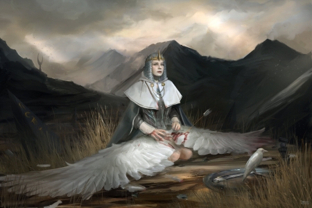 The fallen - fantasy, wings, girl, angel, feather, kristina toxicpanda, art