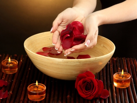 Spa Beauty - manicure, hands, candle, petals, bowl, rose