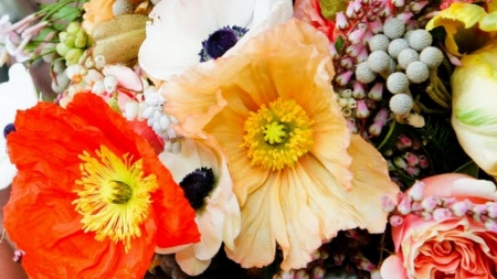 Poppies bouquet - white, orange, flowers, yellow