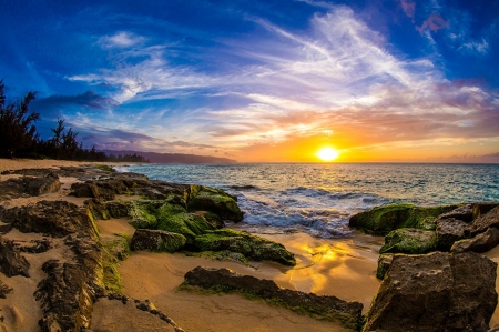 Seaside Sunset - sky, rocks, water, clouds, sea, sun