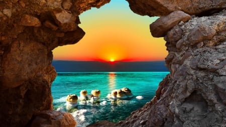 Sunrise at the Dead Sea - nature, dead, sunrise, sea, rocks