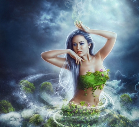 Nymph - water, ankamur, summer, blue, air, girl, nymph, fantasy, green, vara, luminos