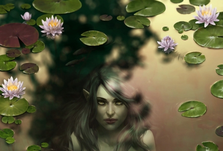 Lady of the lake - lotus, summer, girl, flower, pink, anna verhoog, fantasy, lady, green, lake, art, vara, luminos