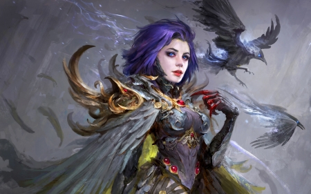 Fantasy girl - daniel kamarudin, fantasy, pasare, bird, raven, girl, blue, art