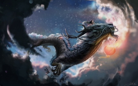 Dragon - art, girl, cloud, luminos, dragon, fantasy, rider