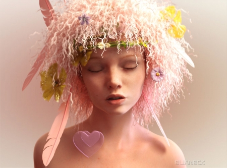 Peace and love - elianeck, fantasy, wreath, green, girl, face, pink, luminos