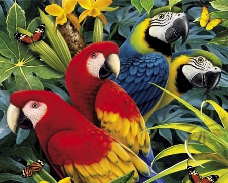 Parrots - bird, papagal, yellow, blue, ara, parrot, fantasy, howard robinson, red, green, butterfly, pasare, art, luminos