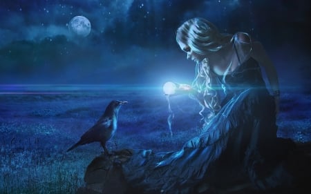 Precious - moon, bird, blue, raven, girl, frumusete, fantasy, white, hand, pasare, luminos, luna