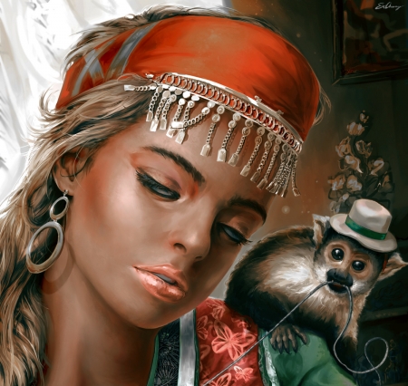 Girl with monkey - hat, girl, fantasy, mateusz dabrowski, face, art, red, luminos, animal, monkey, cute