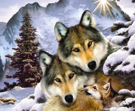 Wolves - fantasy, winter, howard robinson, cub, wolf, luminos, family