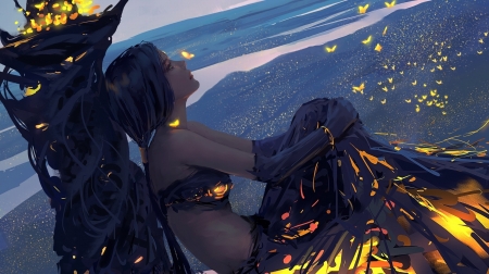 Butterfly kiss - fantasy, wlop, girl, butterfly, princess, kiss, art, luminos