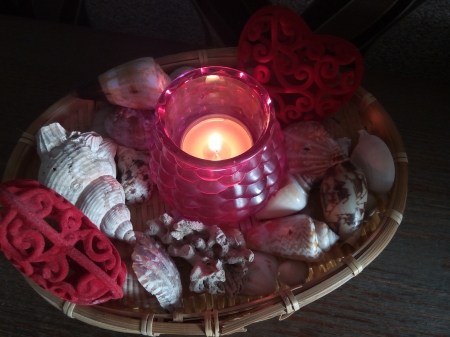 Candel light with  sea shells - Candel, seashell, romantic, hearts