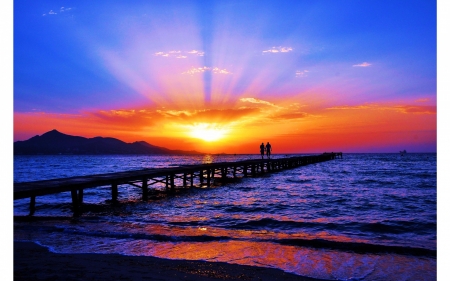 Pier at Sunset - sunset, nature, beach, waves, ocean, sky, pier